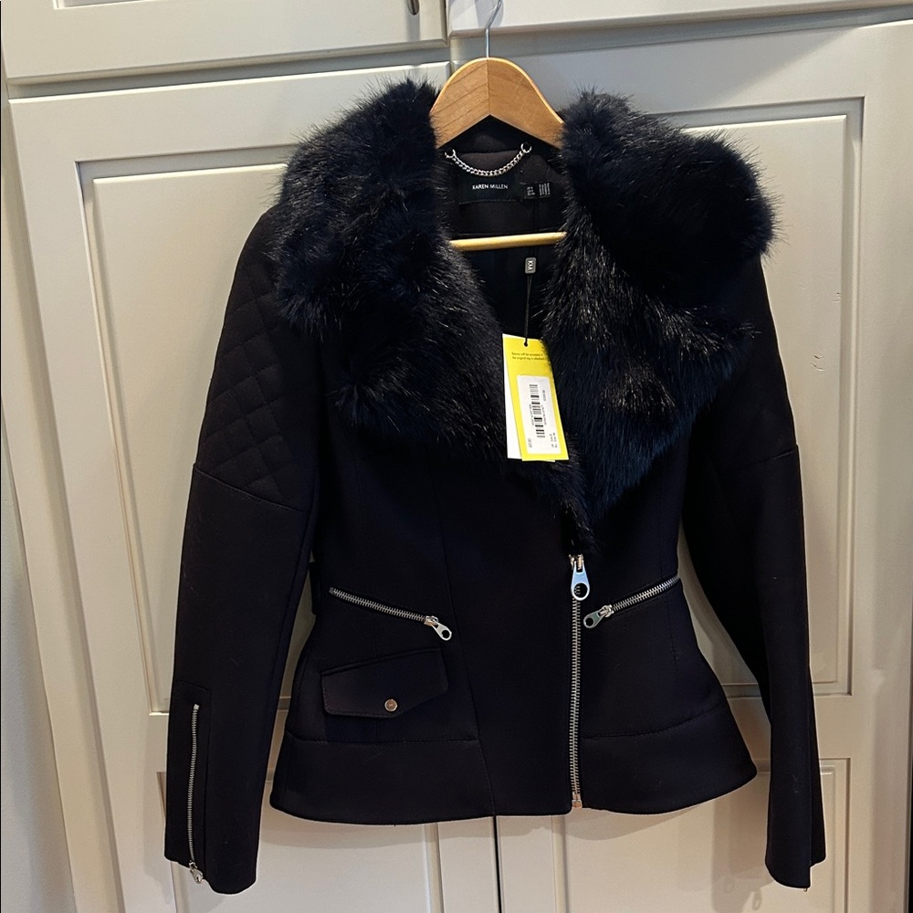 Karen Millen Indigo Wool Jacket with Fur Collar - NEW with tags